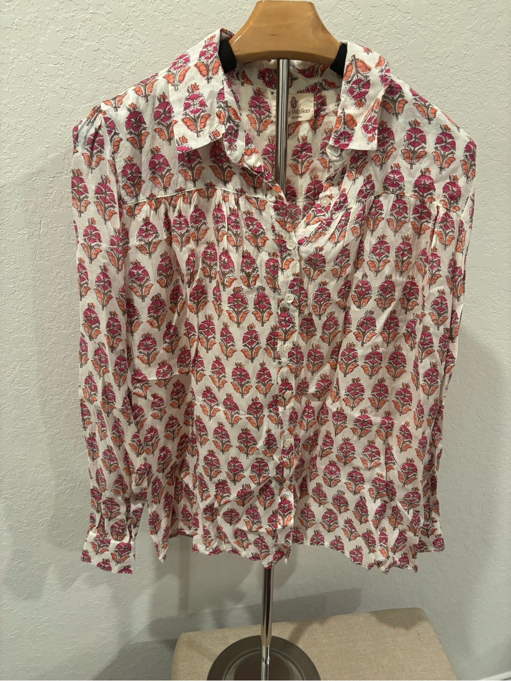 Perry Walker Collective Hilary Top Pink Orange Block Print Cotton Boho Shirt